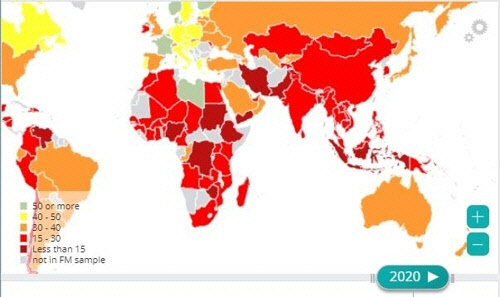 세계 국가별 재정수입 비율 지도              <자료: IMF>